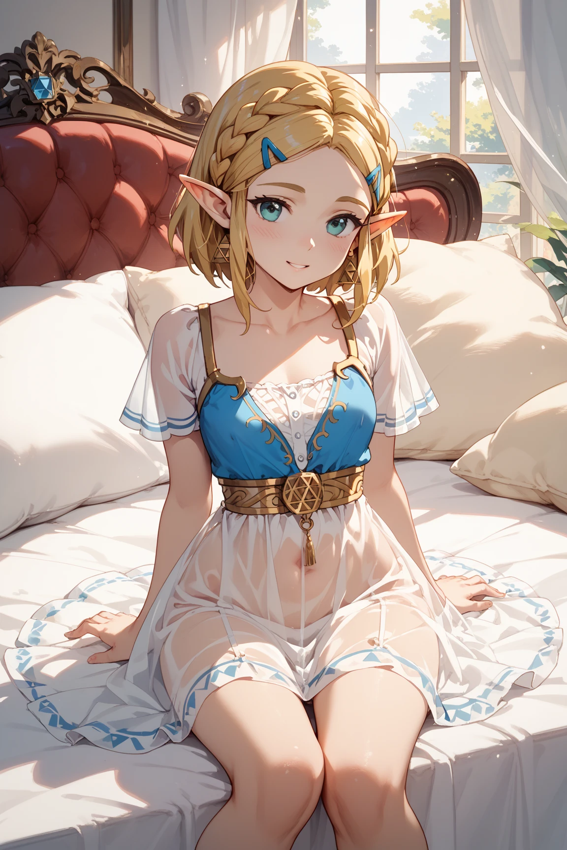 masterpiece,best quality, <lora:zeldaBotwTotk_zeldaBotwV1:0.7>, 1girl, solo, princess zelda, nintendo, the legend of zelda, botw,totk, short hair, <lora:edgNuisette:0.8>, nuisette, wearing a white nuisette, ((flowers embroidery)), lace, see-through, veil, white fabric, strapless,