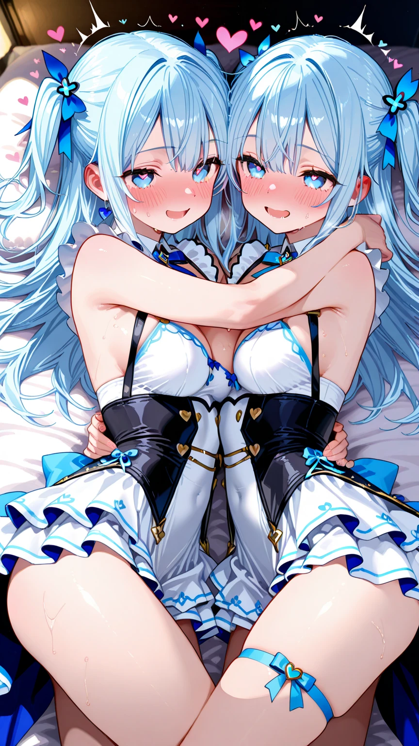 ((best quality)), ((Masterpiece)), (details), 2 girls, The first one has long blue hair.,blue eyes,big breasts,Slim figure,small hips,wearing a blue ,Put on white stockings, Two people with long blue hair,blue eyes,small hips,Wear a blue ,Wear black stockings,Hug each other,