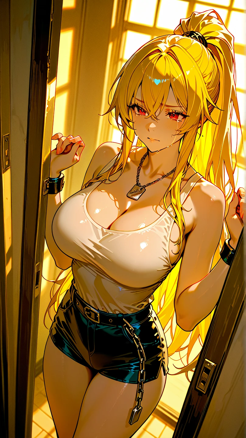 masterpiece, best quality, finely detailed, 1girl, (blonde), giant, embarrassed (bishoujo), cute, (red eyes), (eyelashes), (????????????), (neckline), (white shirt: 1.2), (??????????), standing, on the side of a building, day, delicate interior design,