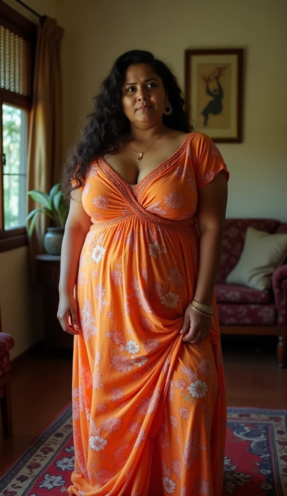 (hyperrealistic photo), exotic beautiful indonesian woman, plump, natural big breasts, knee-lenght sleeveless batik housedress with intricate abstract details, sit on fluffy sofa, sensual pose, naughty expression, her hand on her chest and her crotch, looking at the viewer, natural light, wide angle full-body shot, indonesian village house in the background,
