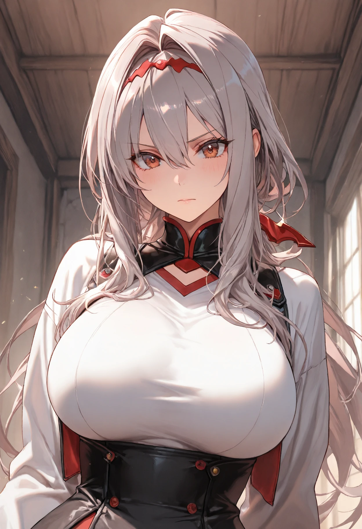 very long hair, red eyes, accelerator (toaru majutsu no index), white hair, shirt, girl:1.3, massive breasts, wide hips, outdoors, lake, upper body, torn clothes, massive hips