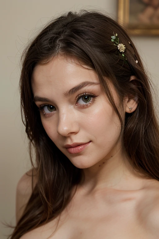 Un portrait réaliste d’une jeune fille brune aux cheveux lisses . Elle a la peau pale et des cernes . Elle porte de l’eye liner sur ses yeux bruns.