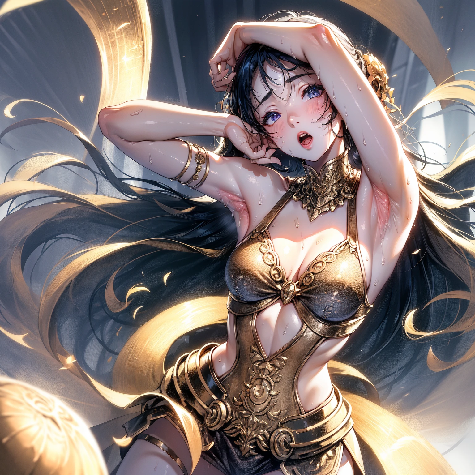 Title: "A Greek Goddess - Nymphaea in the Shadows: A Full-Body Warrior Woman from the Roman Empire"

Starring: A mysterious and captivating warrior woman, exuding an aura of allure and intrigue, with a round, smooth, and voluptuous bottom (1.2), perfectly toned adolescent breasts (1.5), and long, dark, seductive eyelashes framing her detailed celestial blue eyes (1.4). Her raven-black, layered hair cascades down her sculpted back, contrasting against her elegant posture.

Setting: Set in a mysterious and seductive night under the moonlight