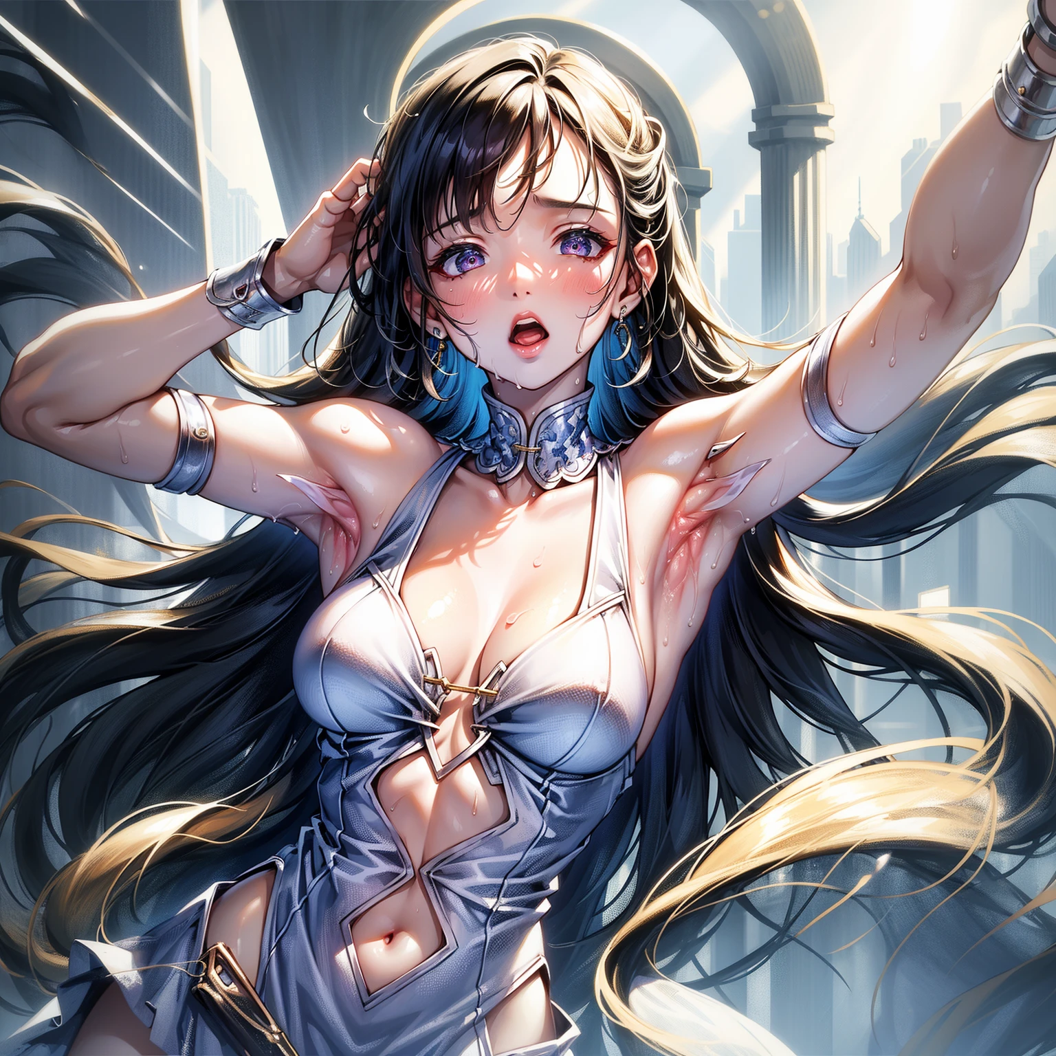 (Xena) (Cute face) (Nice body) (tan skin) (bare belly) (Highly detailed features) (Highest quality) (cosmos space background) (large breasts) (godly aura) (highly detailed face and hair)