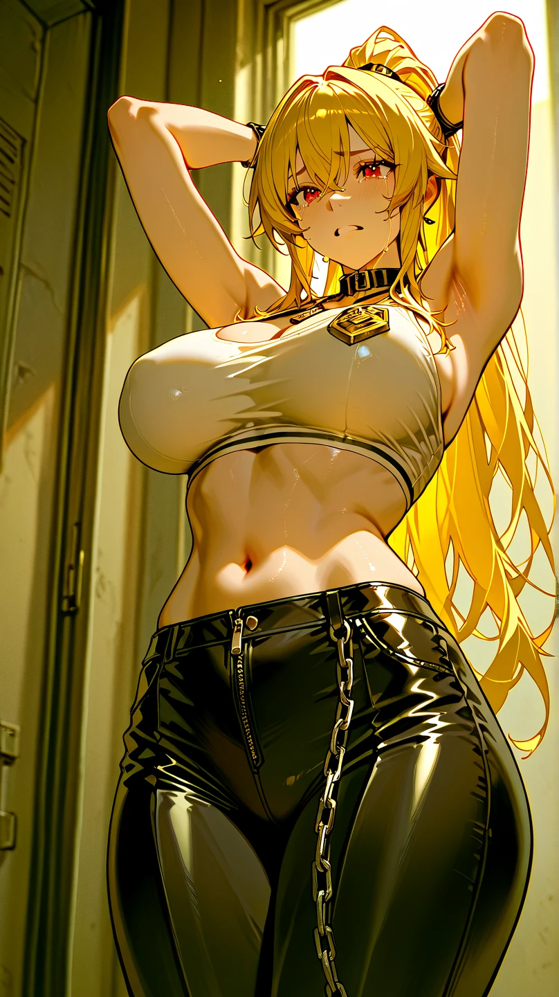 (masterpiece:1.5), (extremely detailed:1.5), (best quality:1.5), (marikawa shizuka:1.5), blonde hair, long hair, (yellow eyes:1.5), (finely detailed eyes:1.9), (extremely detailed eyes:1.9), (sexy:1.7), (cleavage:1.7), ((huge breasts:1.9)), looking at viewer, full body, (ultra higly defined face), (extremely detailed face:1.9), curvy, (large hips:1.5), beautiful body, beautiful face, breasts proportion, (slim waist), (1girl:1.7), breasts, large breasts, extremely gigantic breasts, (gigantic breasts:1.8), (smile), (sexy clothes:1.5), (tight clothes:1.5), (black full leather jacket), (black leather suit:1.5), (tight leather jacket:1.5), clothed, clothes, (leather jacket:1.6), outdoor, jacket