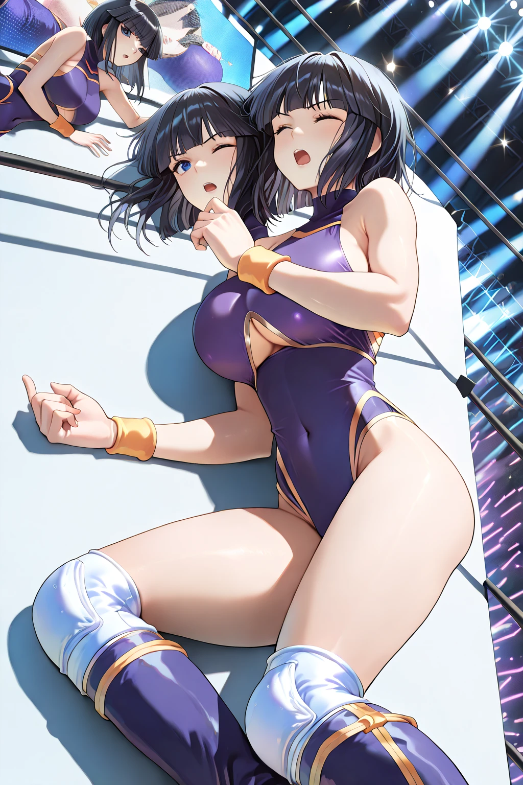 Beautiful young lady, (((Deep V-cut navel))),(((Center opening))),(((High-leg pachinko swimsuit))),(((Dig into the crotch))),Beautiful body line, Large breasts,Black short hair, Blue eyes,Smile,