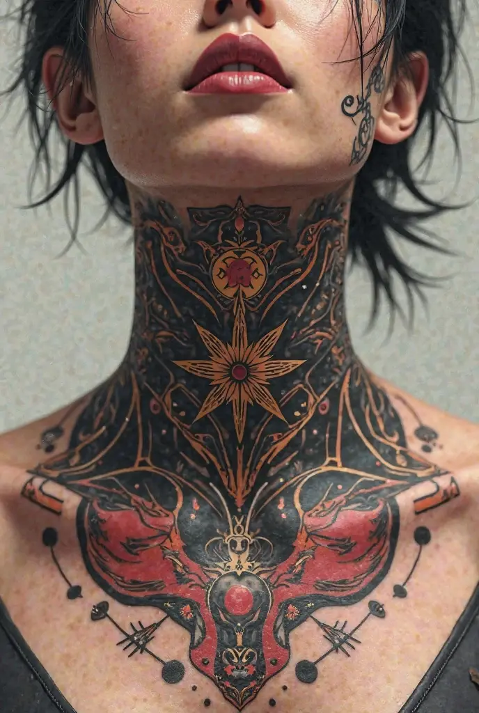 A tattoo on the  of a crow, coming out of the , Spider webs, blood and butterflies