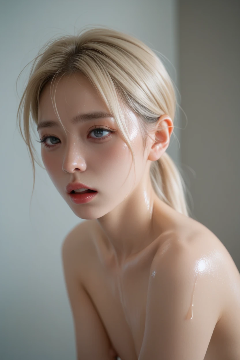 Standing,Nude, 8k, top quality, masterpiece, realistic, photorealistic, 1 college female, small breasts, night, (blush), (closed mouth), small, collar, wet,chignon hair, floating hair NovaFrogStyle, random sexy poses,(nude),naked, (white hair)
