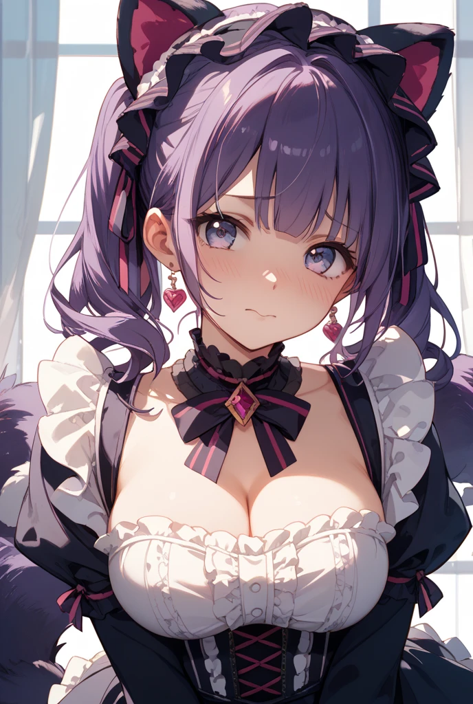 Fox Girl, Big Breasts, Voluminous purple hair, masterpiece , Red eyes、Blushed cheeks、 hd, from head to chest, buried in my chest、Underbust、piece、hair band