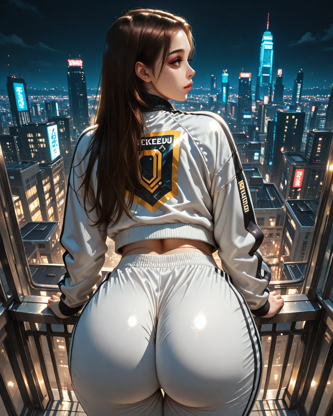 cute American model with stunning 3D resolution 12K character in [gritty Hip-Hop] style, [squatting], panties, [wearing leather jacket], elaborate clothing, big breasts, big ass, hourglass body, headphones, big dark gold glasses, long curly dark hair, [shows butt], looks at viewer, smile, chibi in detailed, background detailed graffiti, highly detailed, bright colors, ultra high quality, Hyperrealism, Photorealism, [octane render].