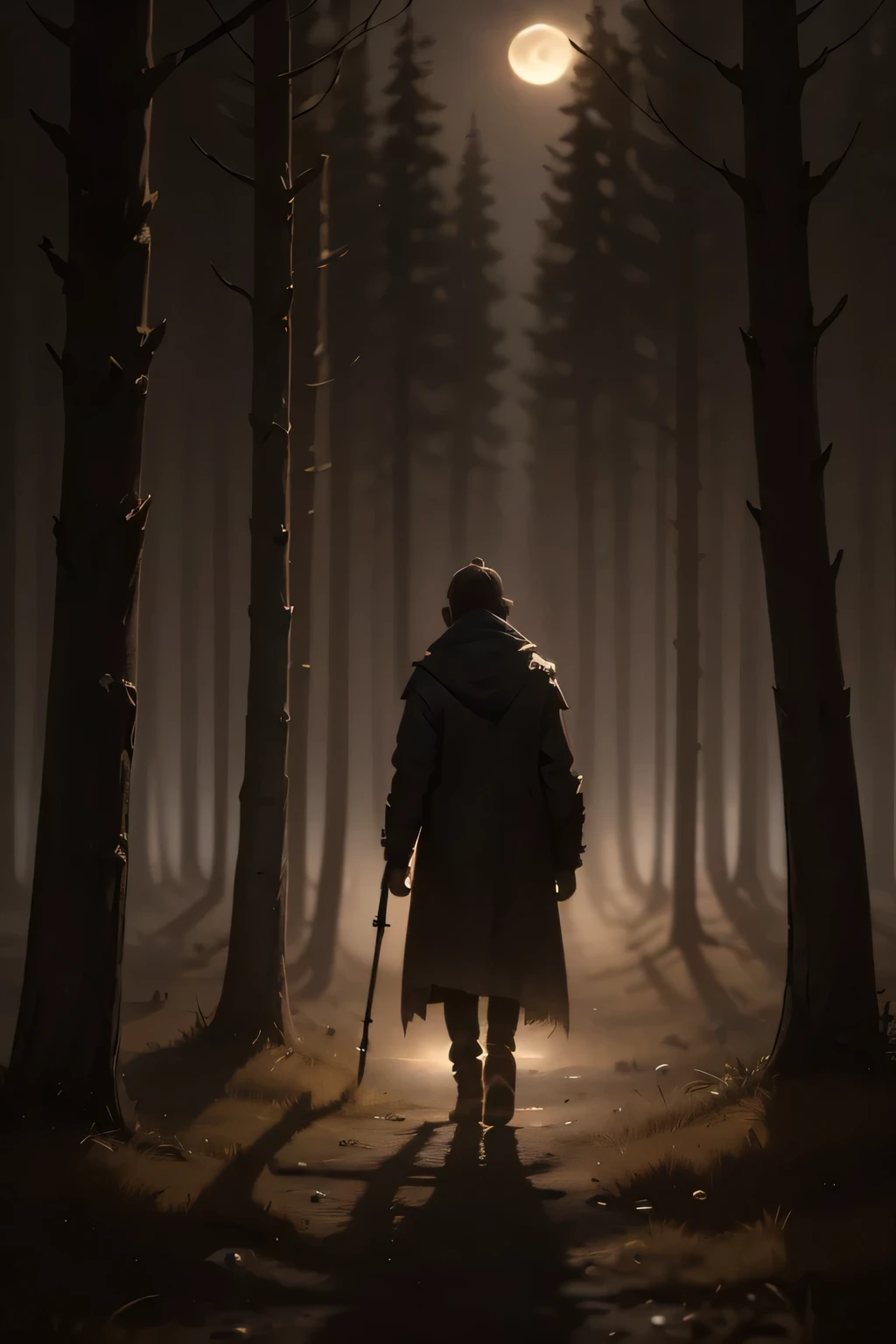in the middle of the night,a lone figure standing in an eerie,moonlit landscape,misty forest,dark trees silhouetted against a starry sky,glowing full moon,soft fog drifting through the trees,mysterious atmosphere,chiaroscuro lighting,dark and moody,dramatic shadows,cinematic,4K,highly detailed,photorealistic,unreal engine,concept art