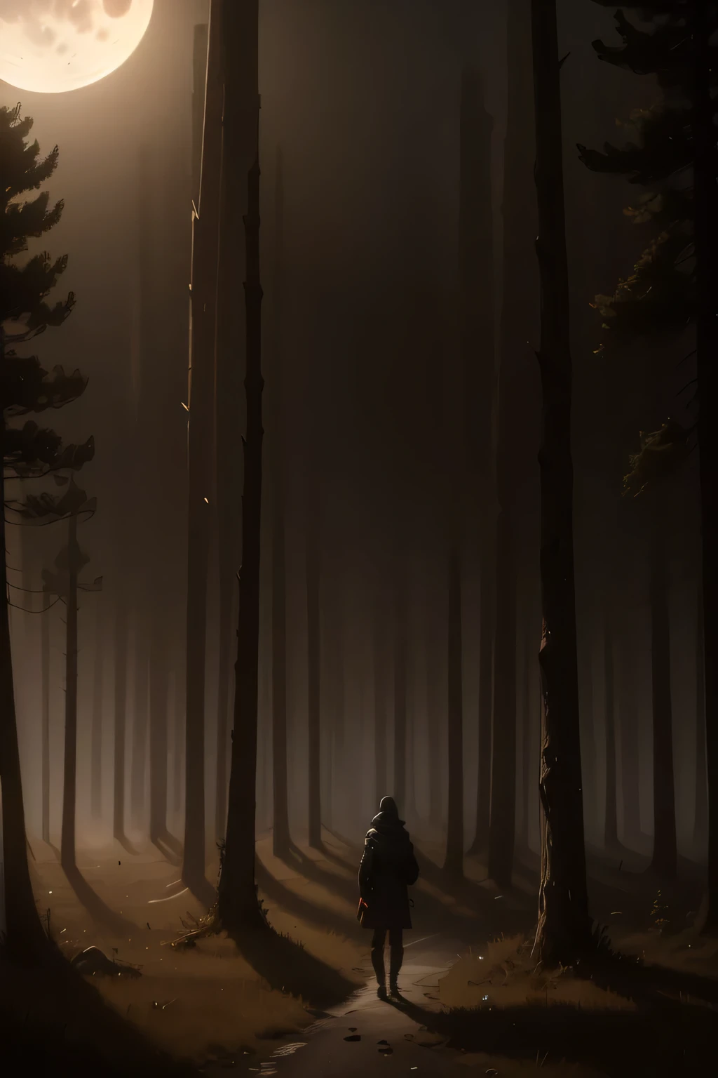 in the middle of the night,a lone figure standing in an eerie,moonlit landscape,misty forest,dark trees silhouetted against a starry sky,glowing full moon,soft fog drifting through the trees,mysterious atmosphere,chiaroscuro lighting,dark and moody,dramatic shadows,cinematic,4K,highly detailed,photorealistic,unreal engine,concept art