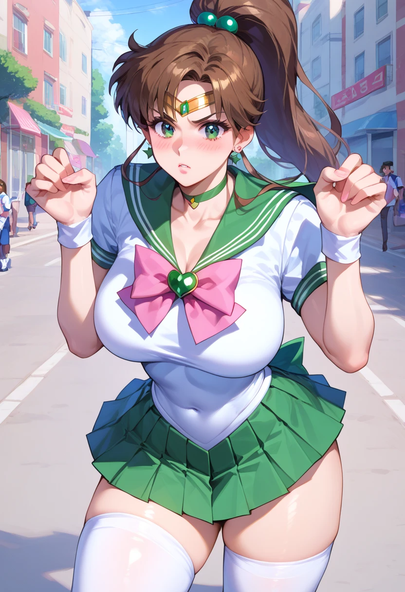 Highest quality, High resolution,((Sailor Jupiter)), One Girl, single, alone, Beauty, bangs, Brown Hair,Long ponytail)), ((Green Eyes, Beautiful eyelashes, )), (( Super anime CG style)), Big Breasts, Dynamic Angle, Perfect body, ((とても恥ずかしいパニックsmile、Look back and see this,(Point your butt forward)、(No underwear)、tall、No sleeve,The ruins in the background are very beautiful,Big eyes,(High definition and very beautiful eyes).smile,((Deep green ultra-mini skirt)),Looking up at the butt,Jupiter is visible,Big Ass,