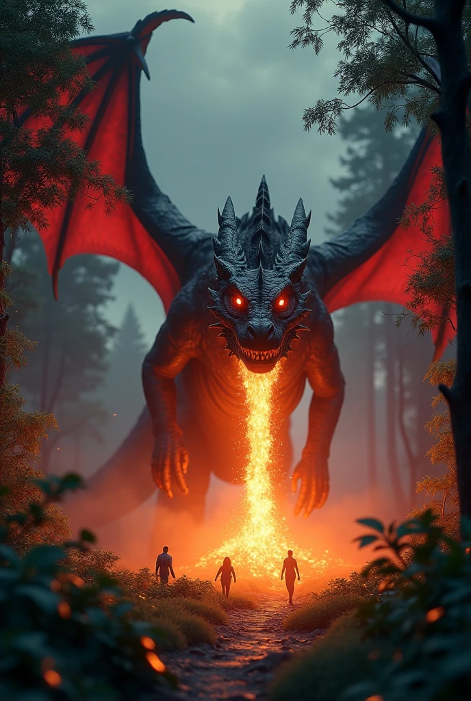 scene with the creature from Brazilian folklore, Boitat. o Boitat é uma serpente de fogo gigante que tem vários olhos espalhados pelo corpo. na cena o Boitat deve estar no centro de um acampamento de lenhadores. deve ter varias pessoas correndo e fugindo para longe do Boitat. as pessoas devem estar indo na direção contraria ao local aonde estará o Boitat cabanas e equipamentos devem estar em chamas e o fogo deve estar espalhado pelo chão. There has to be a lot of fire spread all over the place. o Boitat deve parecer proporcionalmente maior que as cabanas e tudo ao seu redor.