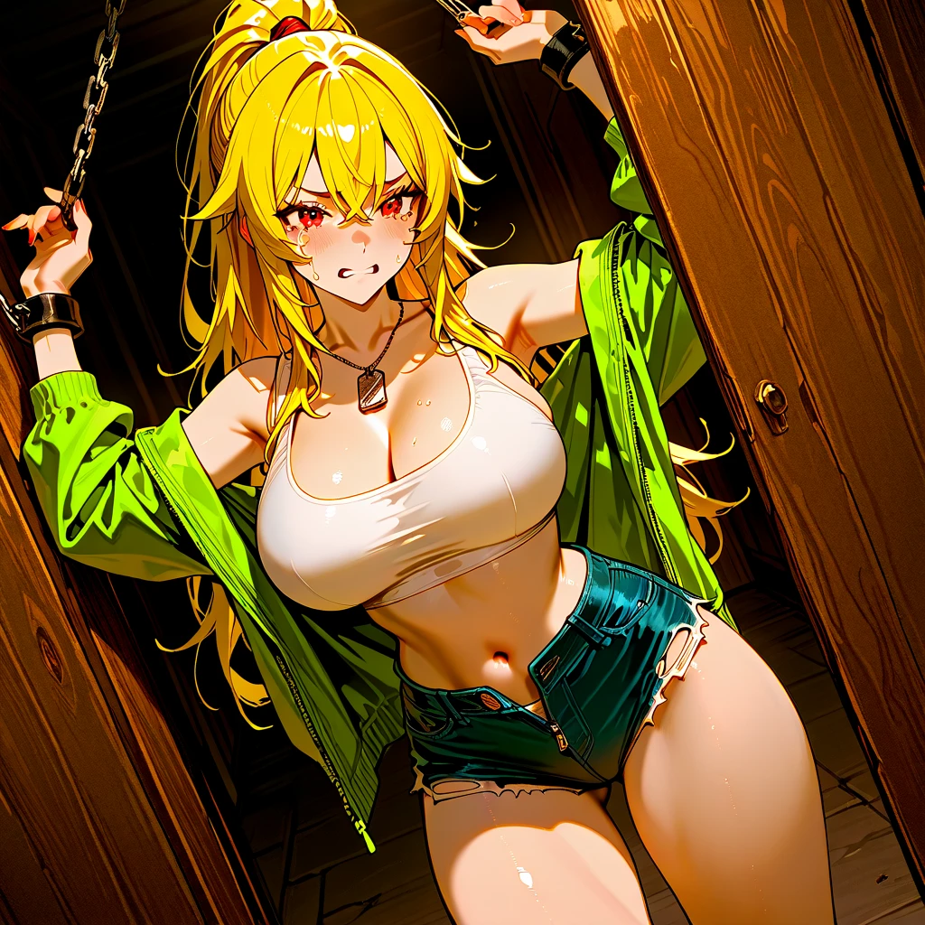 anime,
(1girl, solo), (beautiful detailed girl), 
Mariabell Crois, yellow hair, drill hair, twin drills, (long hair:1.1), very long hair,, hair ornament, orange eyes, medium breasts, earrings, necklace, jewelry,
smug, smile, blush, lipstick, masterpiece, best quality, ((unbuttoned , cleavage, necklace, earrings, sexy body,
breasts)) , micro skirt, smiling, navel , exposed belly, exposed navel,(nsfw) not safe for work,school, knot,
classroom , holding a gun, hold a gun