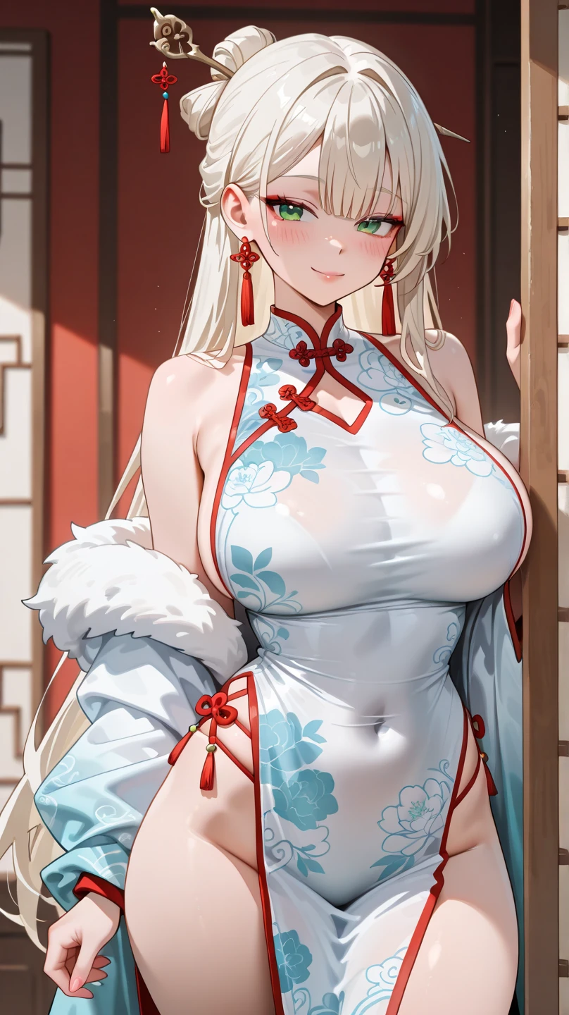 (masterpiece: 1.2), (best quality: 1.2) 1 woman, mature, tall (1.85), appeared to be around 30 years old, had long white (platinum) hair, straight hair with curled ends , silver eyes like moonlight, extremely detailed eyes, perfect eyes, extremely realistic eyes, well-lined eyes, long eyelashes, anime style, perfect face, milf face, full lips, smiling, mature, fair skin, natural body, sexy body, milf body, perfect hands, detailed hands, hands well proportioned to the body, realistic hands, arms with good anatomy, she only wore a sakura pink dress that still couldn't hide her extremely large and huge breasts that were hanging down due to her size, thighs thick, wide hips, looking at the viewer, background scenery, scenery standing in a Chinese gazebo on the edge of a lake, vegetables in the background posing alone looking at the viewer