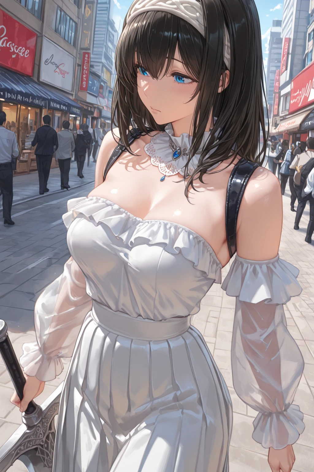 maid girl,(((1girl))),((maid girl with extremely cute and beautiful black hair)),
(large breasts:1.4),bountiful breasts,fluffy breasts,H cup bust,bust up,bulging bust top,(((black bob hair:1.35,colored inner hair,short hair,ear breathing))),((heterochromia:1.5, (purple_eye and blue_eye))),big eyes:1.3,((fat)),(((lustrous skin:1.5,bright skin: 1.5,skin tanned,shiny skin,very shiny skin,shiny body,plastic glitter skin,exaggerated shiny skin,illuminated skin,wet legs))),(spider lower abdomen,narrow waist,wide hip,athletic body,inflated legs,detailed body,(detailed face)),
cute,slutty,seductive,erotic,((nsfw)),
zettai ryouiki,(maid headdress),maid uniform,Headdress,(maid),sleeveless,mini skirt,boots,cleavage cutout,bare legs,clothes with a lot of lace frills,((wet clothes,intricate outfit,intricate clothes)),
(dynamic pose:1.0),solo focus,embarrassed,blush,sweat,((tears,open mouth)),moist eyes,(centered,scale to fit dimensions,Rule of thirds),
cyberpunk city by the ocean at night, with bright neon signs and dark stormy clouds and puddles, scenery:1.25,
artistic photography,(photography taken by sldr),highres, sharp focus, (ultra detailed, extremely detailed), (photorealistic artwork:1.37),(extremely detailed CG unity 8k wallpaper),((synthwave background theme)),(((vibrant colors))),(intricate background),(masterpiece),(best quality),