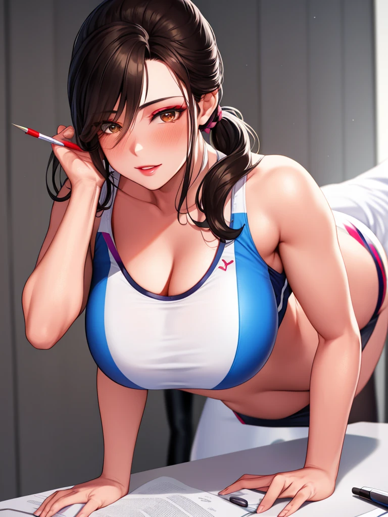 (highest quality, masterpiece:), ultra-high resolution, night, in the gym studio, Korean gravure model, 21 years old, tight, wearing a white color track uniform, high leg, gigantic breasts, puffy nipple:1.4, skinny, bangs, long hair, light brown hair, ponytail, tired hair, unkempt hair:1.2, gorgeous earrings, beauty, embarrassed, blush:1.3, mature woman, please face forward and look at the camera,