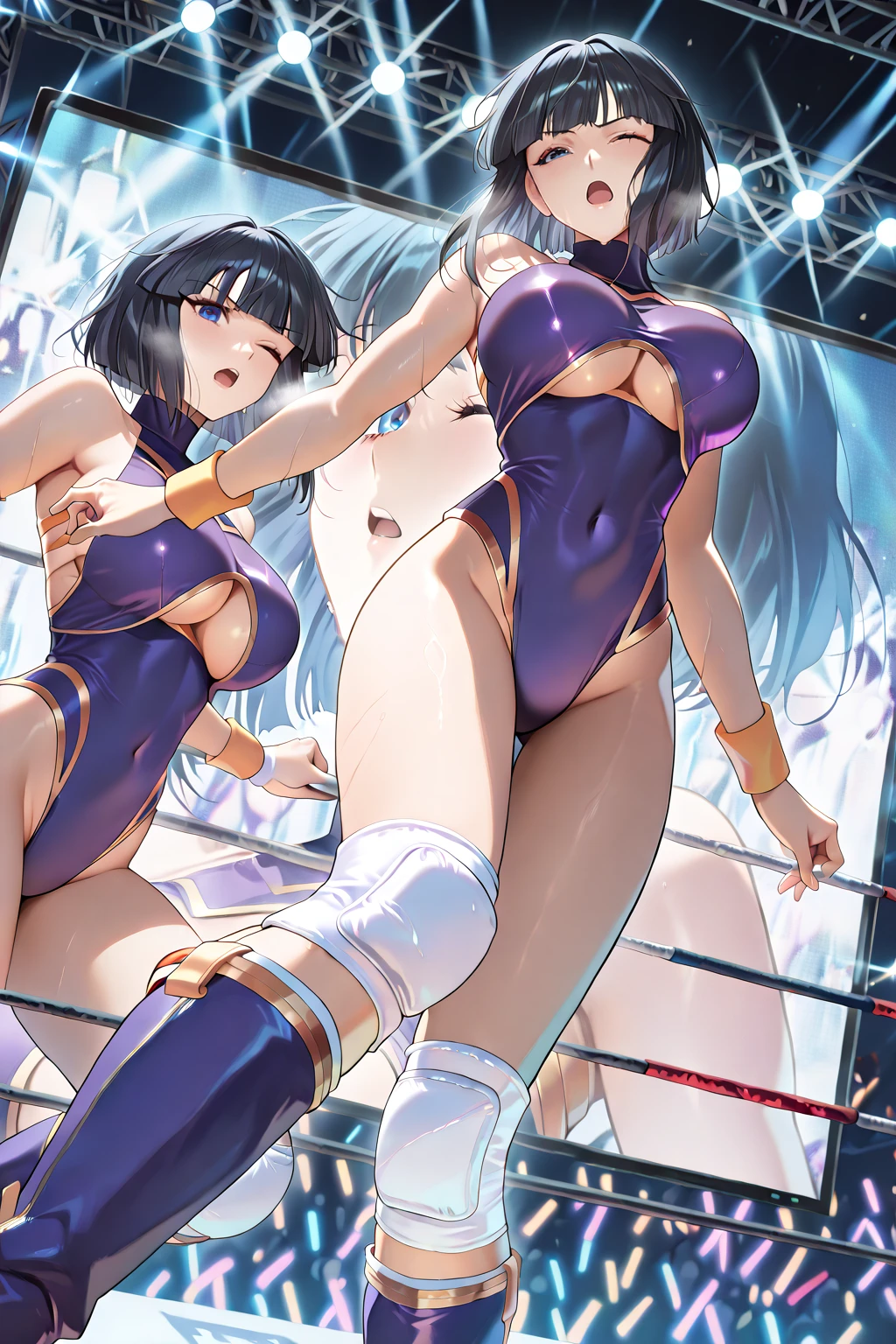 masterpiece, super fine illustration, best quality, light particles, ultra detailed, perfect anatomy, Japanese anime style, 8K, (woman), big breasts, ((black long hair)), shiny hair, shiny skin, oily skin, beautiful face, ((white) leotard, wrestling boots:1.2), (nipples), (orgasm face, beautiful purple eyes, shiny eyes, big eyes), blush cheeks, (arched back), (vaginal penis:1.2), (man:1.3), (sit astride on man), (girl on top), (cowgirl position:1.2), (rodeo:1.2), hetero, man in below, (intense Sex:1.7), (cum out:1.2), nsfw, stage, wrestling stage, crowd, illumination, shadow,pubic hair
