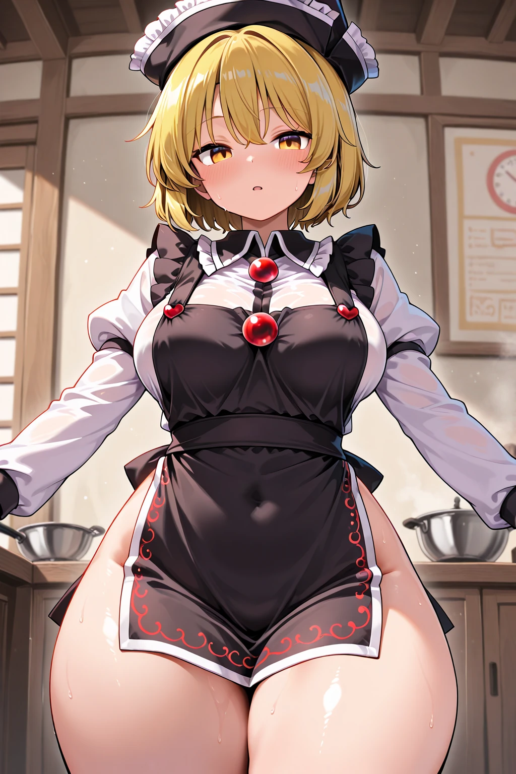 (Best quality at best:1.5, A high resolution, hyper HD, 4K, Detailed lighting, Shaders, Perfect hand anatomy), blonde ponytail, Plump, Lolita costume, hason, skirt lift, Wet crotch, Smiling, (Perspectives), Dressing room background, Lower chest, sexy for, cum in crotch:1.2, (Be red in the face:1.2)
