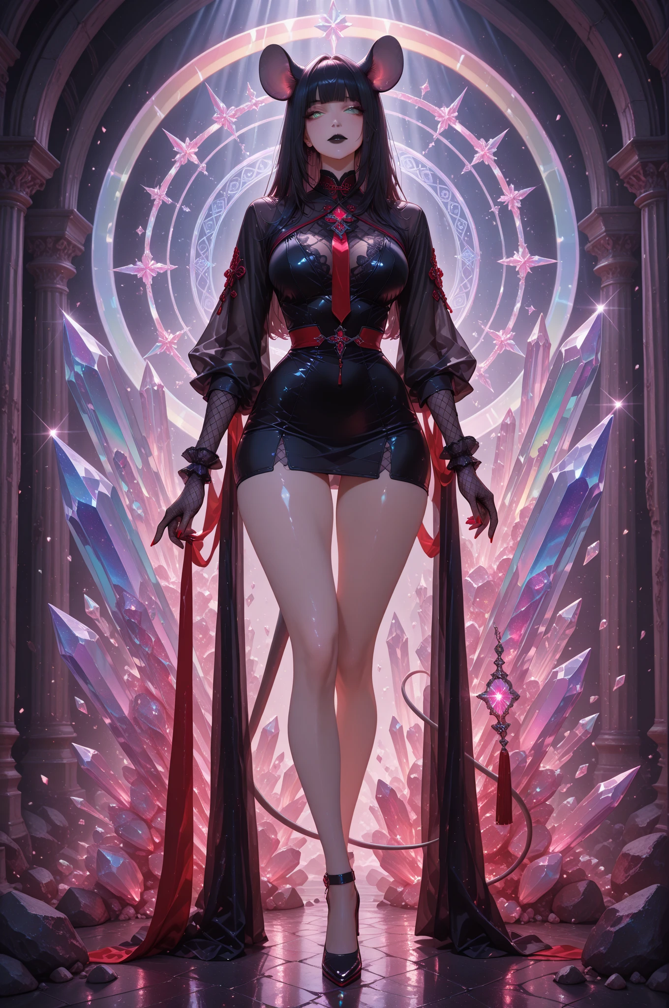 (1girl, solo, alone), (WakatsukiRisa, Sarada Uchiha, black hair, short hair, black eyes, red glasses), ((solo, (1woman, pink lipstick, black eyes), Extremely detailed, ambient soft lighting, 4k, perfect eyes, a perfect face, perfect lighting, a 1girl)), austere, ((colorful, psychedelic, vibrant, stunning, (sexy:1.1) alluring, (goddess:1.1) divine, girl, gorgeous face, show full body, amethyst crystal armor, covers the goddess's body, magical atmosphere, blessing pose, action pose, (2d illustration:1.1), surreal, mysterious, mesmerizing, intricate, dreamlike, enchanting, captivating, ethereal, magical, (tranquil expression:1.1), otherworldly, (natural beauty:1.1), (expressive:1.1) eyes, graceful, (dreamy atmosphere:1.1), Shards of Amethyst floating in the air, shards of crystal floating in circles around the girl's head))