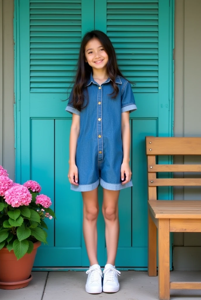 Professional realistic photography, Shot on a film SLR camera "Zorkiy-4", The focus is on a cute modest girl of 11 years old; natural blonde; long curly colored hair, Twintail; large shiny bright azure eyes, long fluffy eyelashes, Funny look; mischievous smile; orangery; Tight denim jumpsuit, lace-up boots; A shovel in his hands; Full-length photo from afar; Natural realistic detailed texture of human skin; High Expansion, High-quality textures of clothing, Realistic hair; Studio photography, soft natural lighting