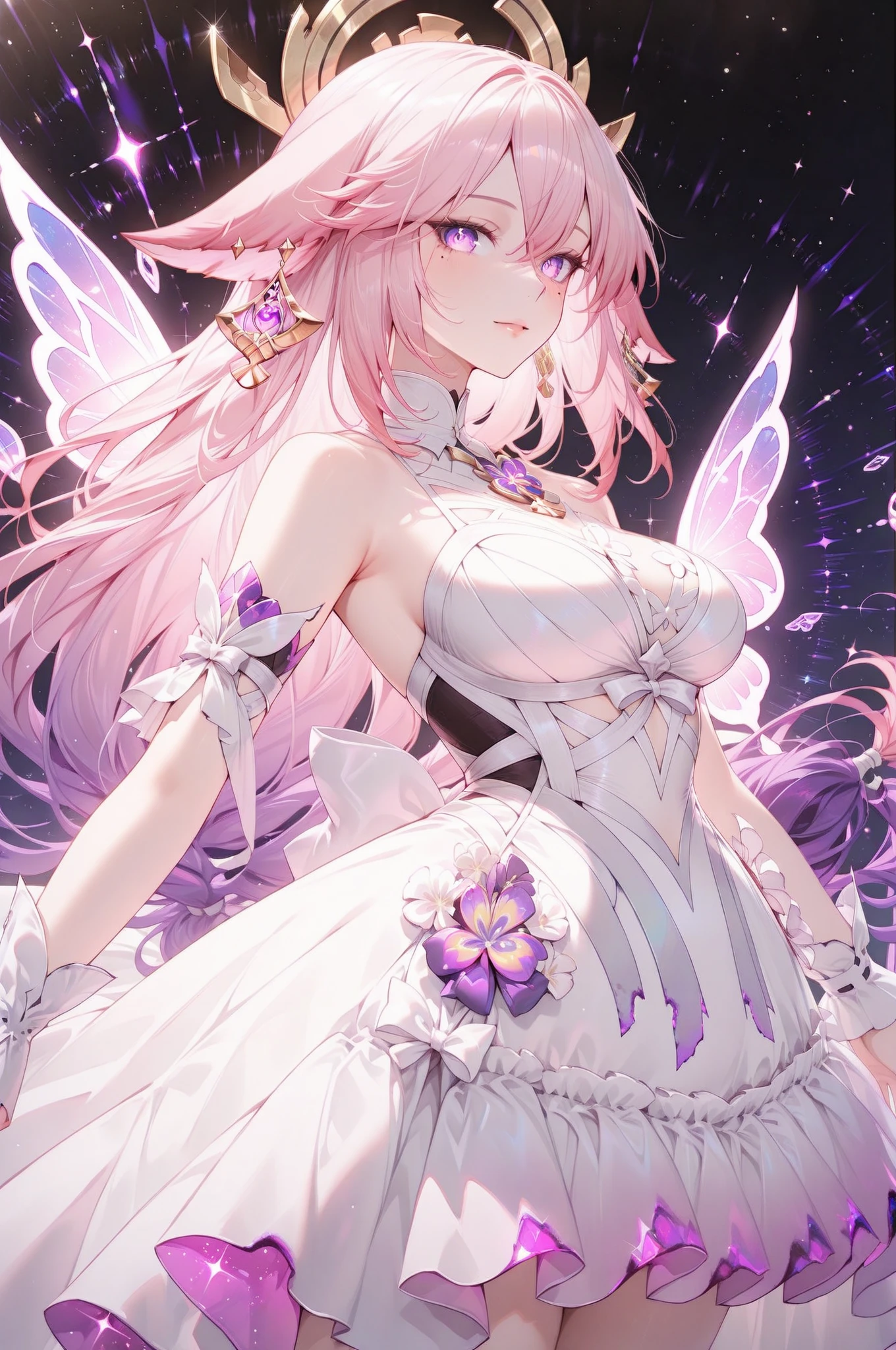 The new purple crystal wedding dress is filled with multi-layer tulle, European-style white patterned marble background wall, fairy tale palace style, and oversized skirt. The neckline and cuffs are decorated with openwork lace elements and jewelry, and the skirt is covered with gorgeous flowers and butterflies. Fantasy, Surreal, HD, Super Detailed, Realistic, High Pixel, Octane Rendering, Cinematic Lighting