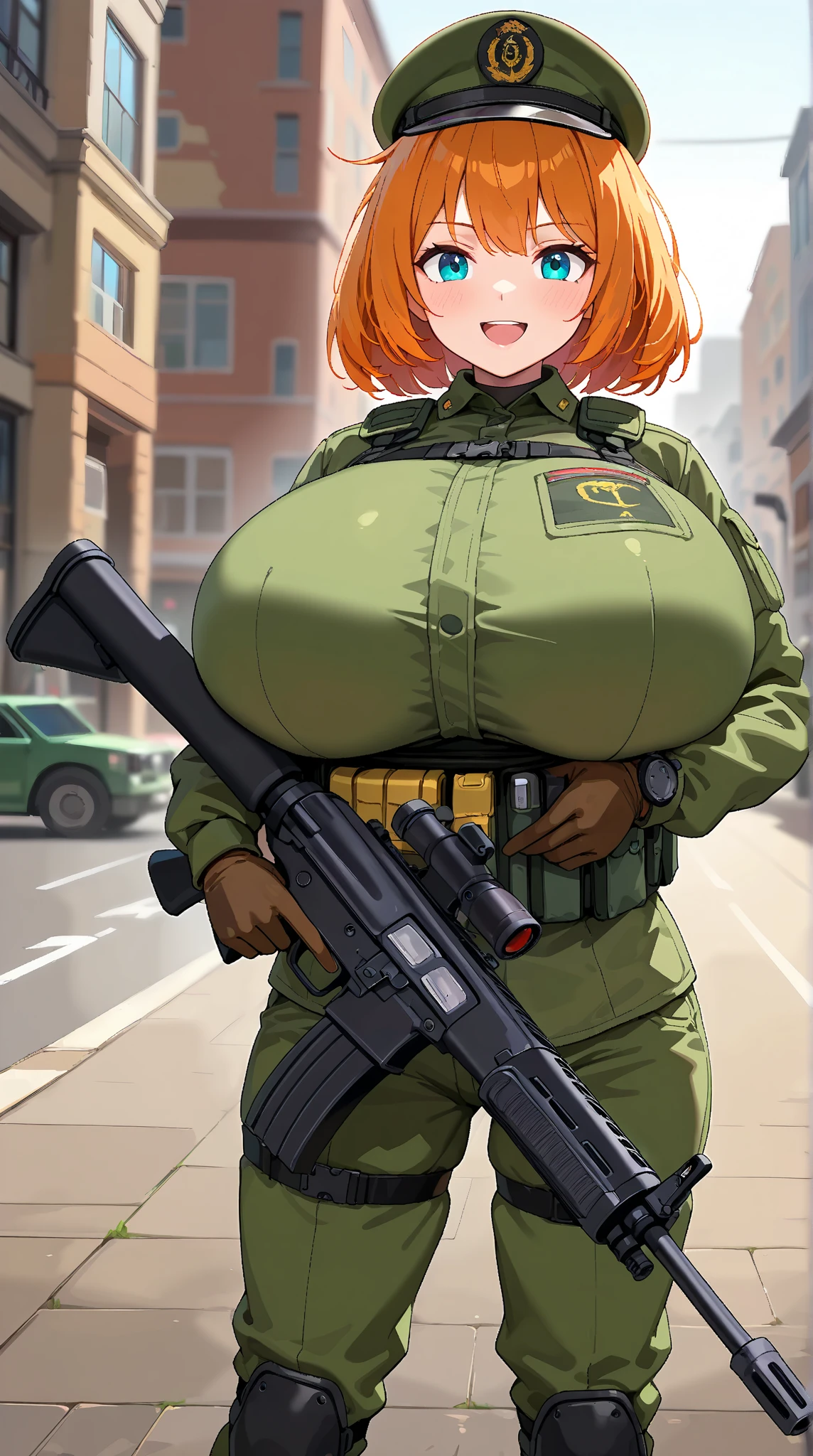 Slime girl, (slime), Slime hair Double buns hair style, Pumpkin Orange, weapon belt, Masterpiece, Best Quality, gigantic breasts, slime girl, slime girl, purple hair, lavender hair, yellow clothes, weapon belt around waistline, rifle, long rifle, AR-15 Rifle, assault rifle, exposed yellow bra, yellow clothing, wearing yellow clothing, fully body view, tight yellow dress, Rifle in hand, mature woman, gorgeous, perverted, sexy, yellow dress, exposed chest, exposed bra, exposed breast, black boots/heels, gold bracelets around wrist, holding rifle, aiming with rifle, tactical stance, tactical gear, sweaty body, long legs, tall woman, lustful yellow eyes, yellow lingerie, huge breasts, plump soft breasts, jiggling breasts