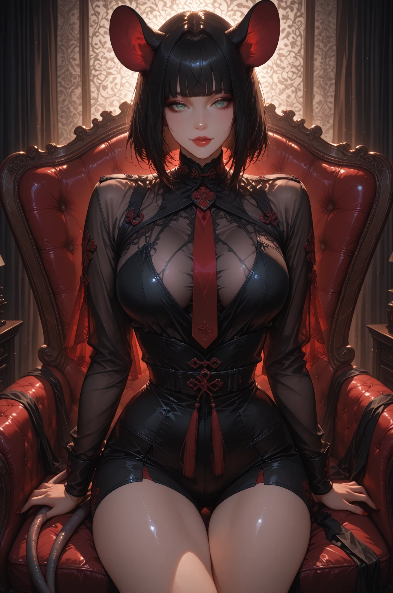 (Masterpiece, Best Quality, Ultra High Resolution , Digital Art,Beautiful and Aesthetic ) . ( One Fashionable adult girl with a short oblique bob, slender figure, expressive and dominating look ) in modern men's suit in youth style , matte black color , lovely thin white but long tie , (silk thick threads of red color connect the necklines on the sides of the whole suit) , . The character sits on a large massive sofa with lots of leather and metal patterns on it in vintage style , an interesting and atmospheric pose that characterizes the character ,(Photorealistic style combined 2.5D . Realistic picture , realistic anatomy , beautiful perspective . Best image quality , depth , pastel color , Natural shading , focus on the face , Big Hair ( black with red gelding ) , well detailed eyes , detailed background in modern boudoir style . )