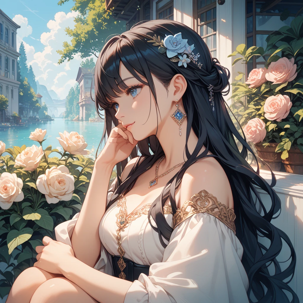 1girl, beautiful face, long black hair, detailed eyes, beautiful detailed eyes, beautiful detailed lips, extremely detailed face, jewelry, alone, resting, art, (best quality,4k,8k,highres,masterpiece:1.2),ultra-detailed,(realistic,photorealistic,photo-realistic:1.37),intricate, high-quality, cinematic lighting, detailed shading, delicate, graceful, serene, pensive, elegant, refined