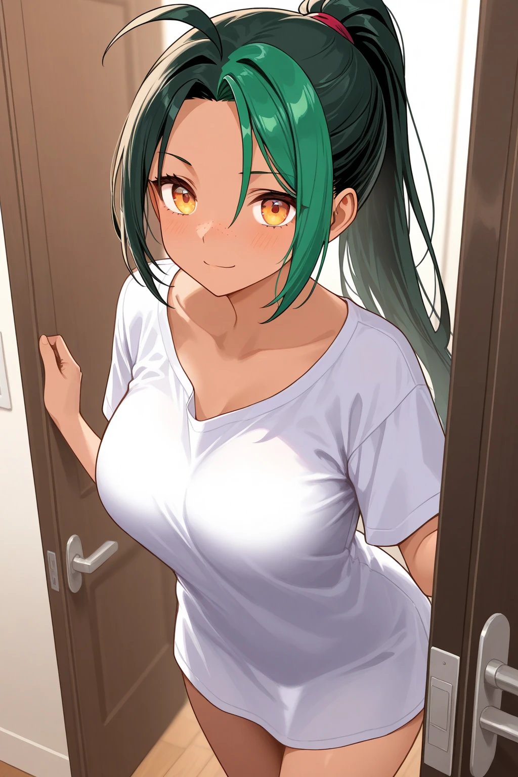 1 girl, alone, Upper body, face-to-face audience, looking at the viewer, smile,green hair,((NSFW))