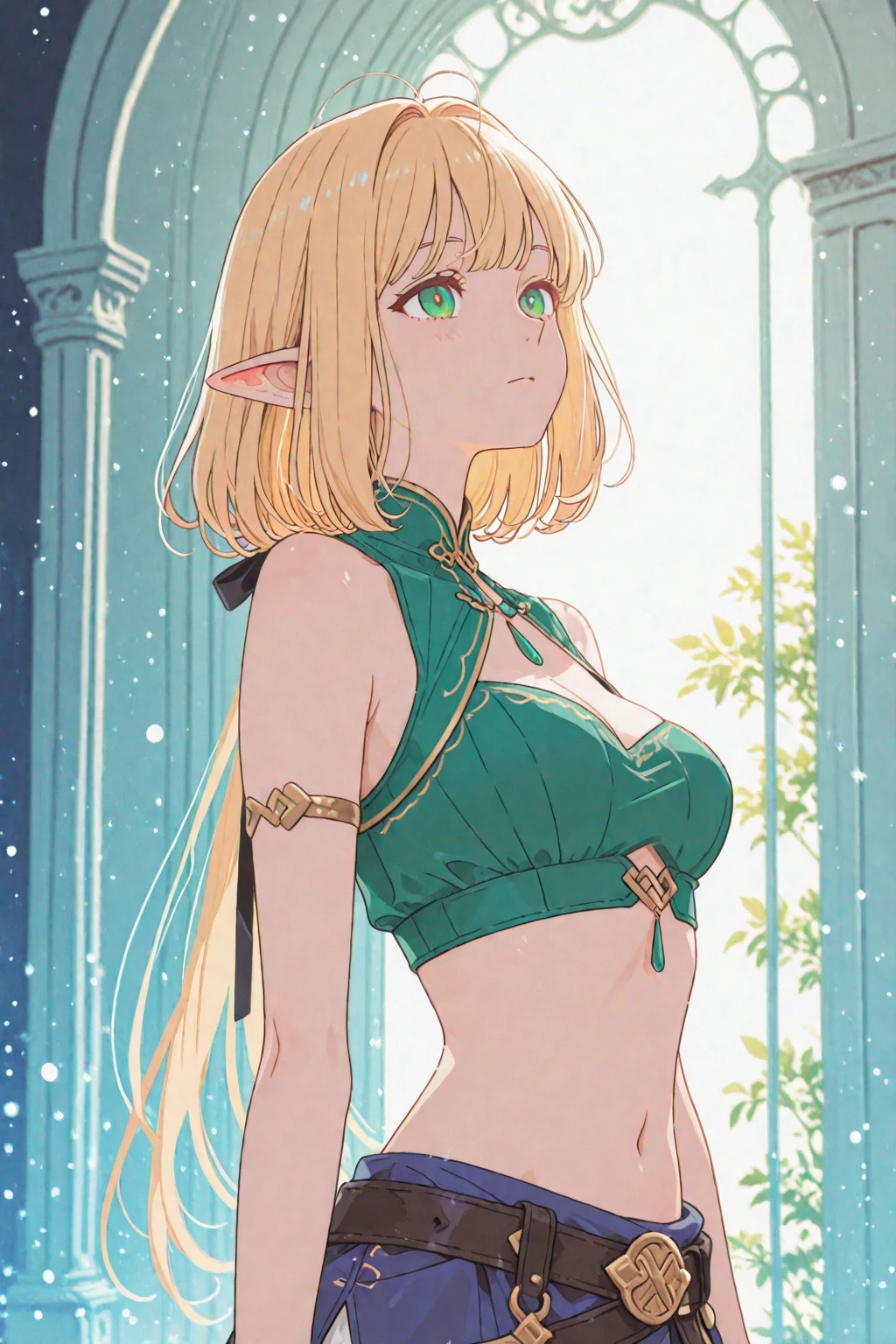 1girl in、AS-Adult、elvish、Forester、（small tits）Upper body portrait、barechested、