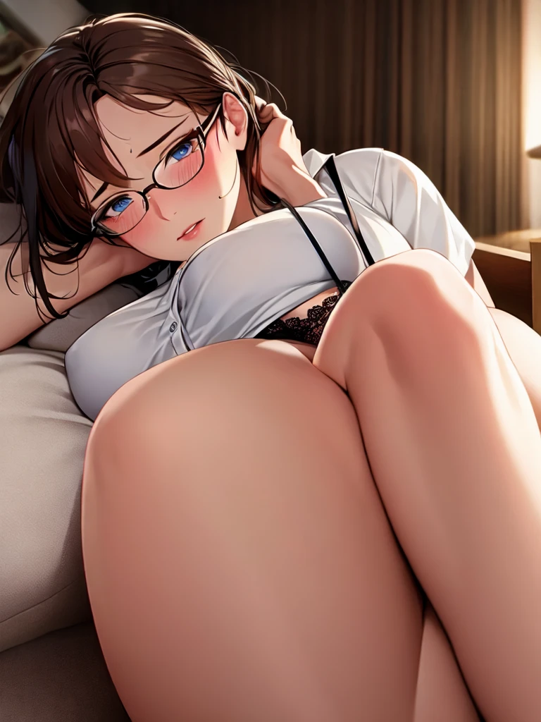 1 girl, Chiori \(genshin impact\), Alone, completely naked, detailed naked body, Sleeping, Closed eyes, lying down, View from above, glasses, choker:1.6, looking at the viewer,, inside, depth of field, at night