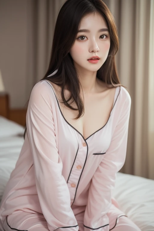 masterpiece、high quality、ピンクのWearing pajamasソファでポーズをとるかわいい女の子, Nightwear, Wearing pajamas, 白いWearing pajamas, Pink clothes, ゆったりしたWearing pajamasいる, (night:1.5, Dark Room:1.5, Dim lighting), Smooth, white, fluffy clothing、Cute face with arms and legochako, Brush Sticker, Big cleavage、(Japanese jirai kei girl:1.5, jirai kei makeup:1.3)、