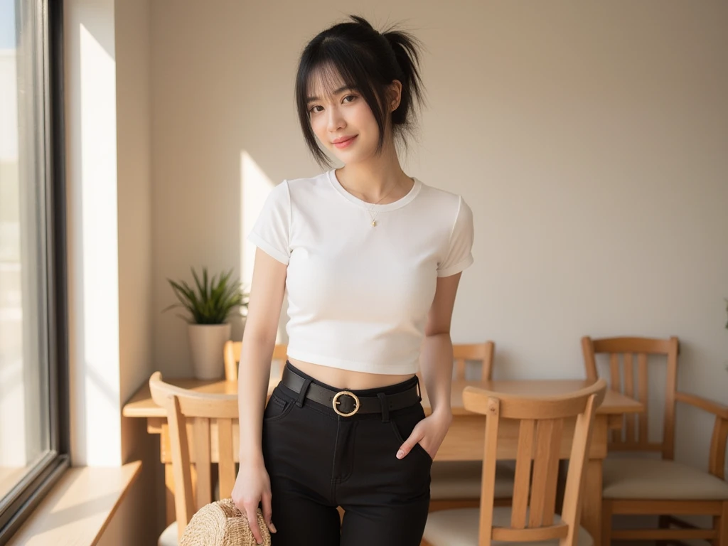 White tight shirt、White tight 、a bed、a smile、shortsleeves