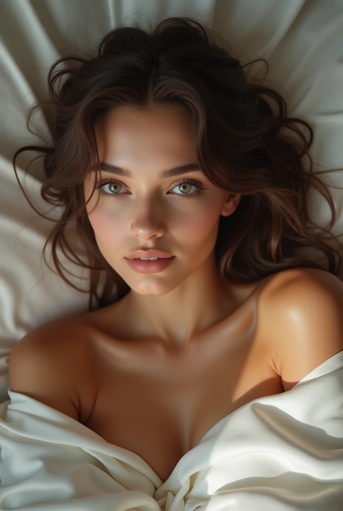 Young woman, very beautiful, Caucasian appearance, thick thick eyelashes, bright green eyes, height 160, breast size 4, ideal figure, perfect body, Beautiful shoulders, beautiful belly, thin waist, lying in bed, naked, Without clothing, Eyes in love, smiling, smiling, cum on face, cum on face, cum on face, cum on face, AI please do what I ask