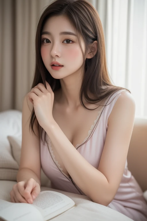 (work of art:1.3),(best qualityer:1.2),8K,absurderes,(extremely detaild:1.3),higher resolution,
(1ガール:1.2),portraite,
,chemise,rock,gazing at viewer,sitting down,portraite, long hair,