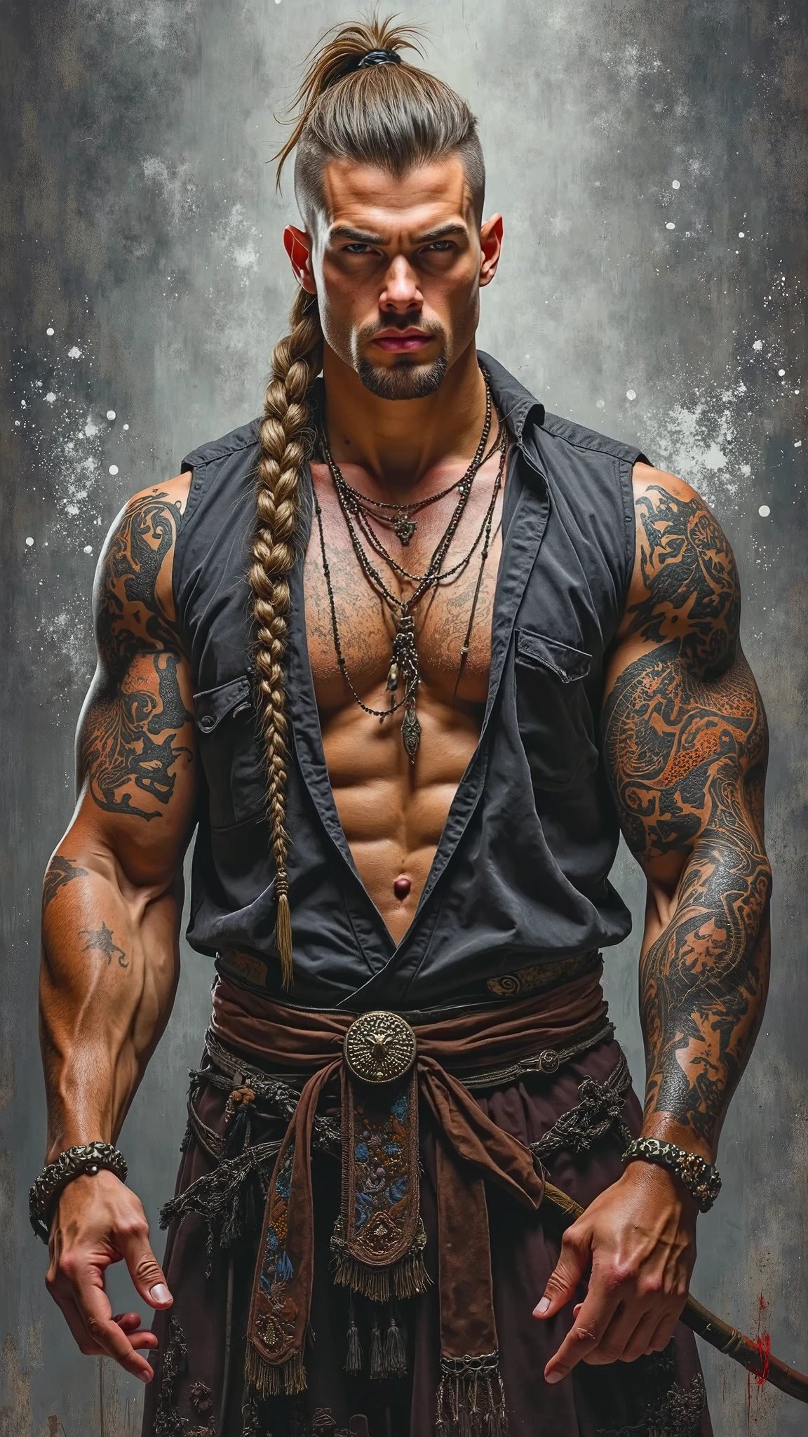  Elf man with white hair ,shaved face, monk in a fighting stance, fantasy style, realistic image   ,dragon tattoos on arms, fit