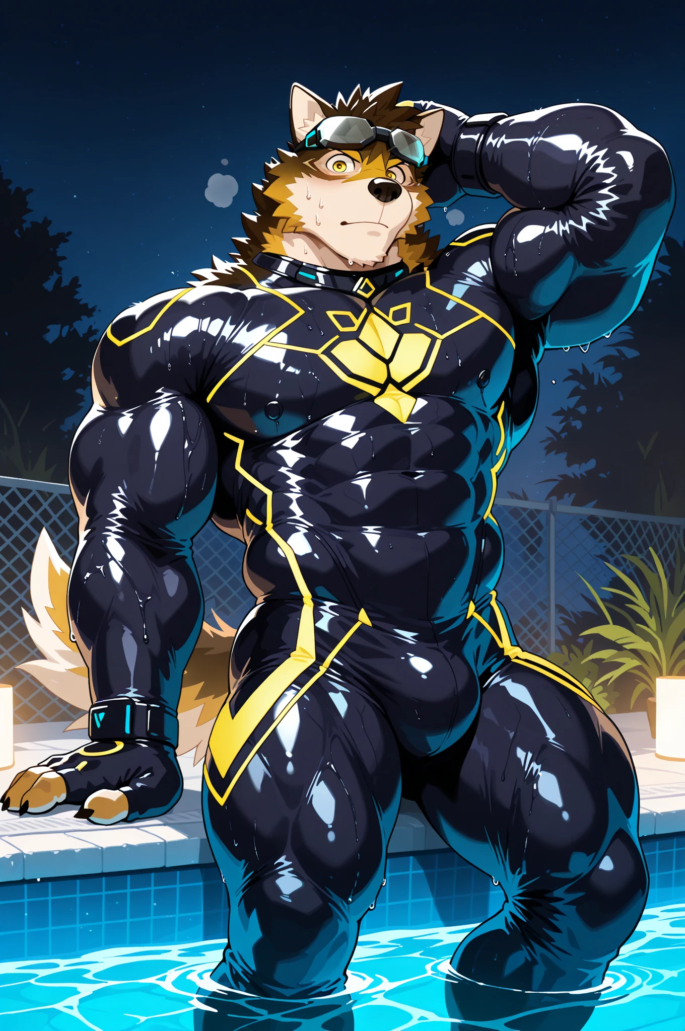 Anubian jackal, anubis, good looking, male, anthro, ultradetailed, muscular, solo, bareness, rippling muscles, muscles, gym background, tail, smiling, big pecs, looking at viewer, thong, bara, rear view,
