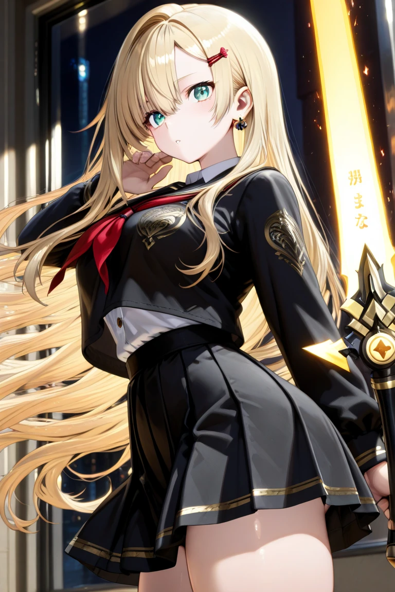 Blonde hair, Hairline, Shiny hair, Heterochromia, Moles under eyes, disdain, Leg straps, Black robes, Sick, hooding, teens girl, solo person, anime style, anime, textured skin, high details --auto