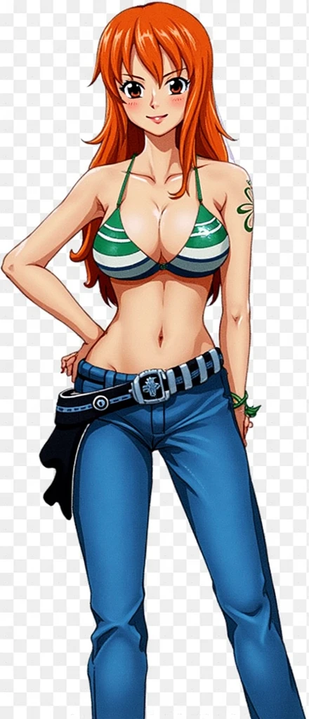 (masterpiece:1.4, best quality:1.4), illustrations, (solo:1.2), (original), (very detailed wallpaper), photographic reality, (ultra detailed:1.4), (super complex details), ((Magazine cover-style:1.4)nami \(one piece\), 1girl, bangle, bangs, bare shoulders, belt, bikini, bikini top only, blue sky, bracelet, breasts, brown eyes, bubble, cleavage, cloud, cowboy shot, day, denim, earrings, floating hair, green belt, green bikini, groin, jeans, jewelry, large breasts, log pose, long hair, looking at viewer, navel, orange hair, pants, shoulder tattoo, sidelocks, sky, smile, solo, standing, stomach, swimsuit, tattoo , ((masterpiece))