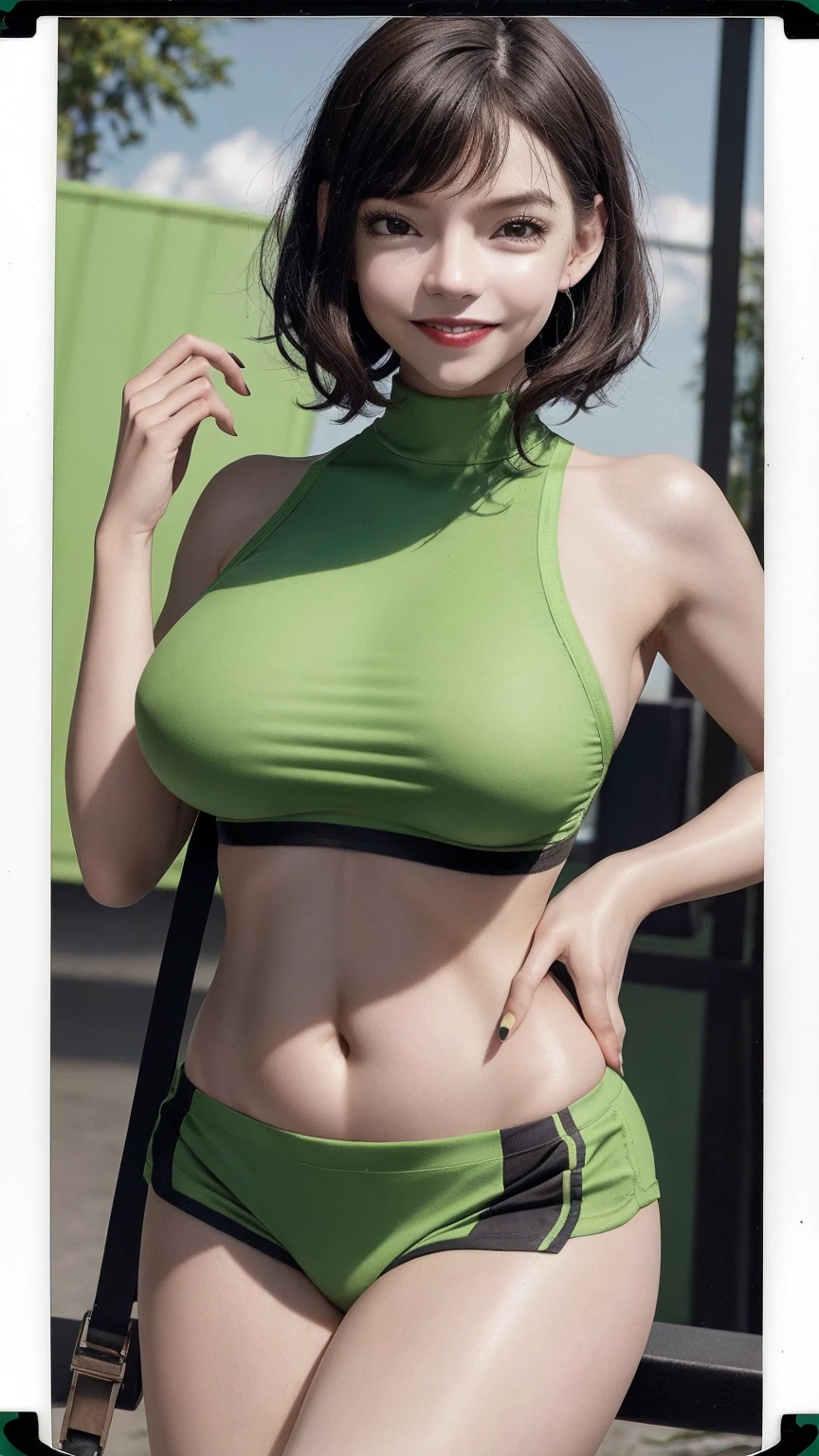 (((One Shoulder Mesh Girls Outfit))),(((dynamic poses))),(((midriff peek))),(((Show lower chest ))),(((Green and White Mini Skirt Lift))),(((Bare inner thighs))),(((Showcasing Formula One racing cars))),ulzzang-6500-v1.1, (original photo:1.2), (Photorealistic:1.4), a beautiful and delicate girl, Extremely detailed eyes and face, Beautiful and delicate eyes, Super detailed, high resolution, top quality,masterpiece, Very detailed, 8k wallpaper, wonderful, fine details, top quality, There is light on the face,light,1 girl in,(car track),beautiful eyes,Smile,open mouth