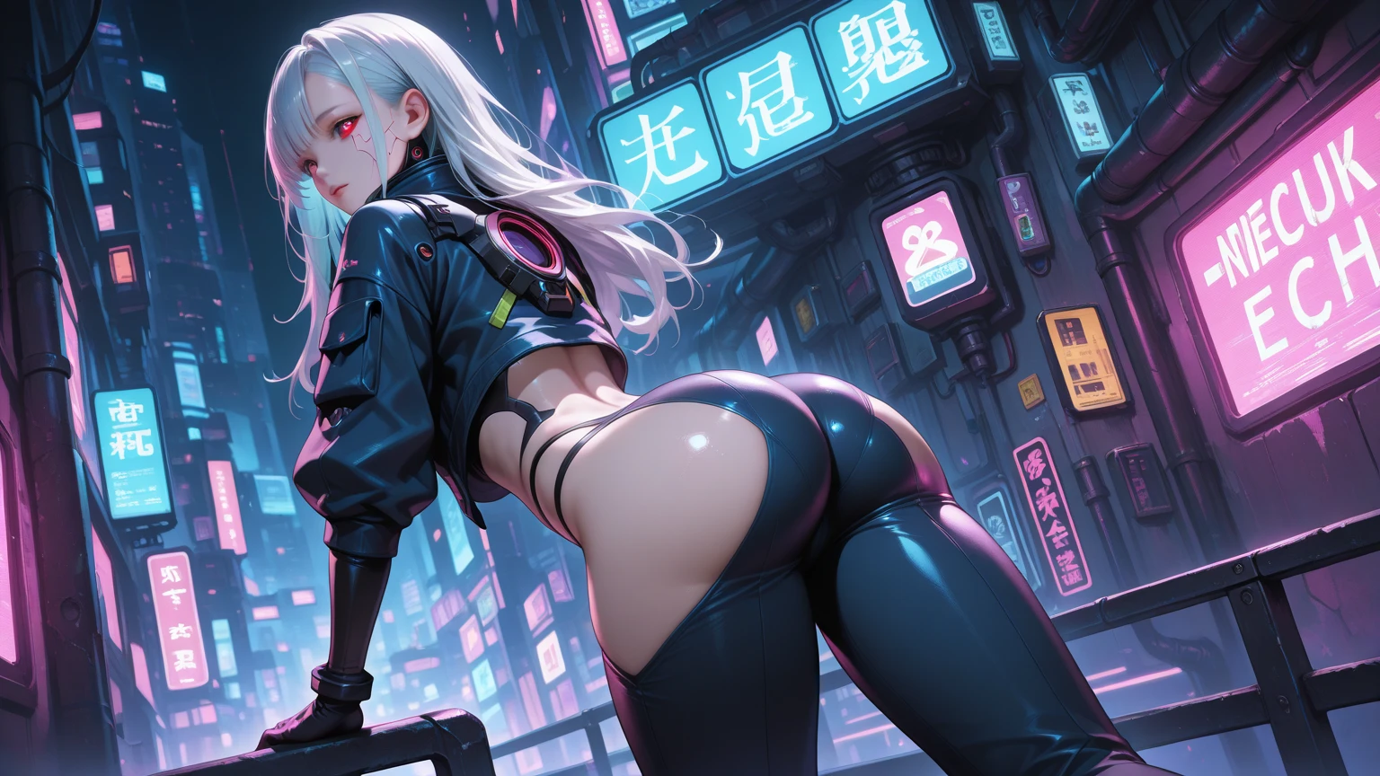 ((best quality)), ((masterpiece)), (detailed), perfect face, 1girl, Alone, girl, silver hair, futuristic outfit, Neon Samurai, Cyberpunk neon, night, 8k wallpaper, movie lighting, Rear view of hand holding weapon, big butt, huge breasts, large gluteus maximus muscle, large breasts, hentai, super sexy