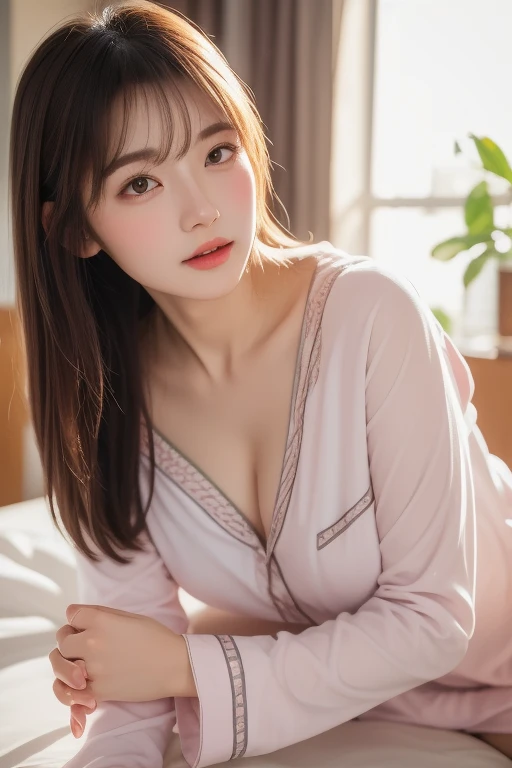 (8K、Raw photography、top-quality、masterpiece:1.2)、(realisitic、Photorealsitic:1.37)、ultra-detailliert、超A high resolution、1 fair-skinned girl、see the beholder、beautifull detailed face、floated hair、profetional lighting、a bed、Sleeping face down、((s Pajamas))