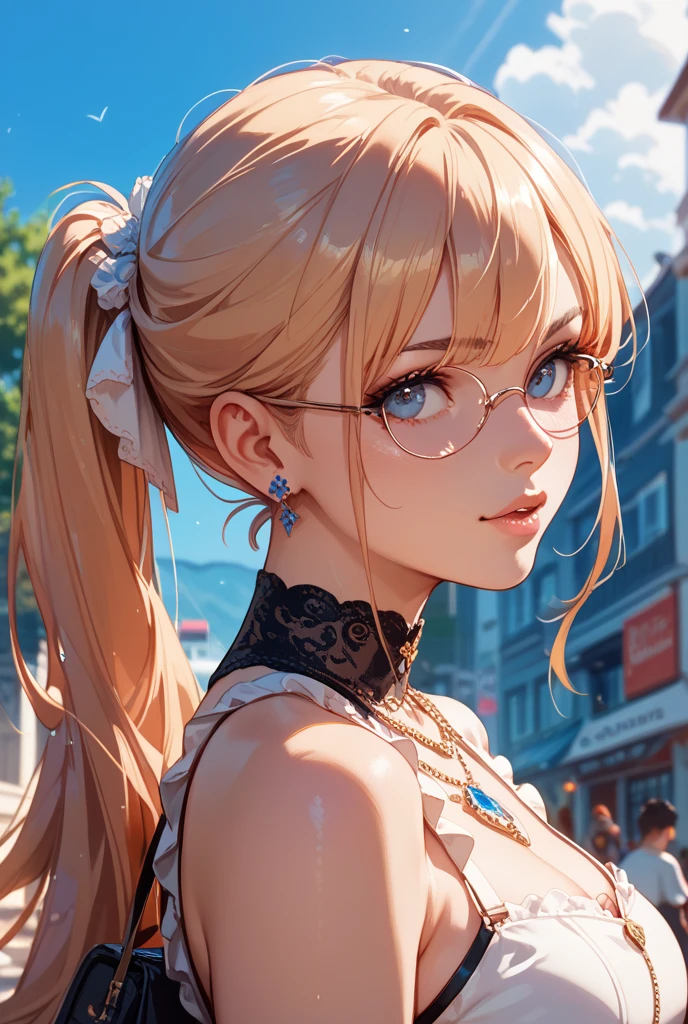 ((masterpiece,Highest quality:1.3,best illustration,realistic)),1woman、solo,20 year old Japanese beauty,((very small head:1.3)),center parted bangs,forehead,blonde hair,long hair,black eyes,gorgeous eyes,Black-rimmed glasses、shy,small breasts,((very long body:1.2)),((toned body,slender body,skinny)),gleaming skin,shiny skin,oily skin,(off-shoulder white tops wear、Grey plaid pleated mini skirt),on street,Tokyo、
