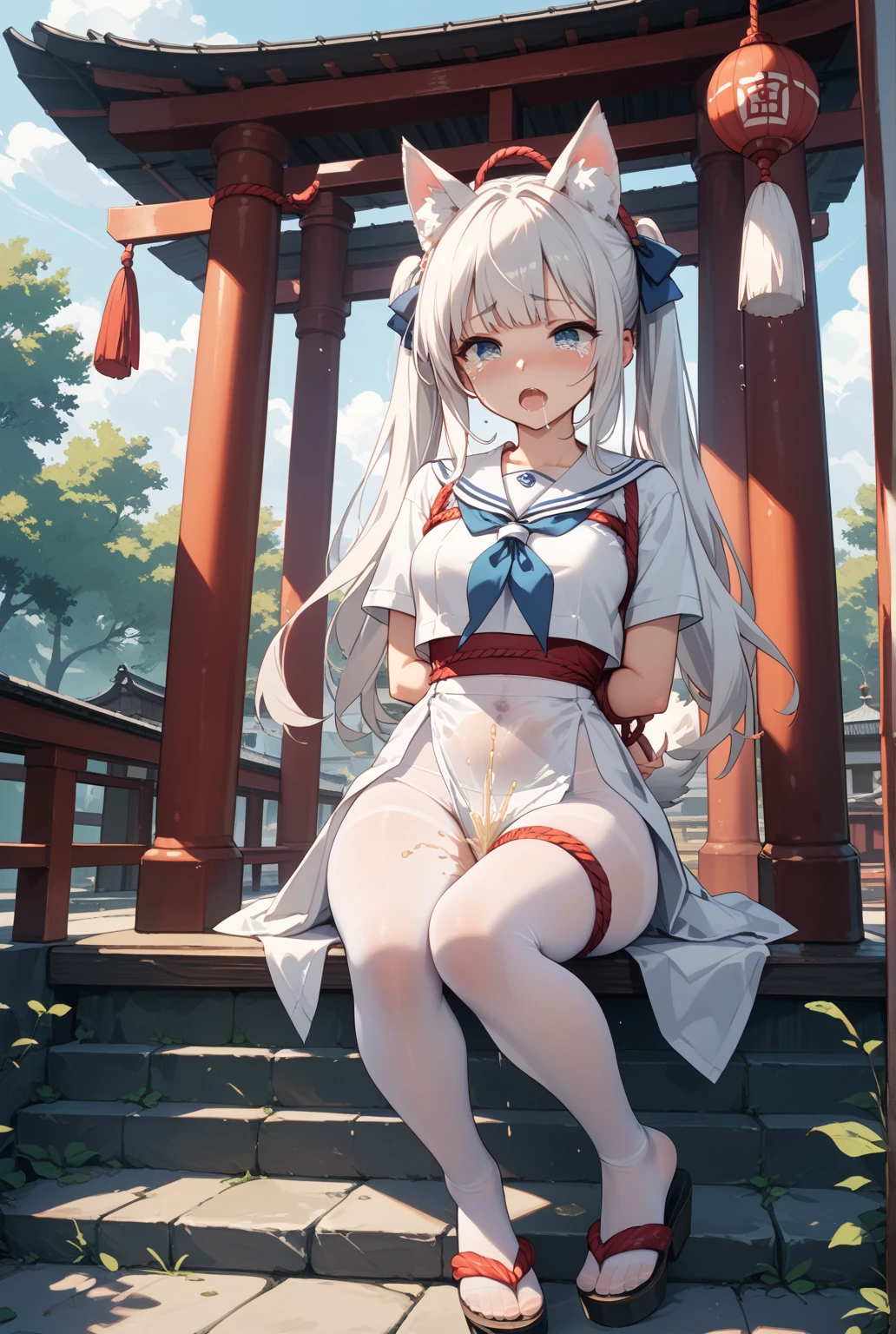 (masterpiece, Highest quality:1.2), alone, One girl, 幼いchildのゴールドシップ, pillbox hat,White kimono、Miko costume、kimono、Hakama、Knee-high socks、Horse tail,、grassland、Nature、blush、Big Breasts、Bra shows through over clothes、Transparent clothes、Clothes are see-through、Stand with your knees bent、、Kindergarteners、、6 years old、、の小さな体、From below、Clothes get wet、Nipples are visible、happy、be happy、Excited、Exciting.、Spread your legs、Flashy underwear、is see-through、Big Ass