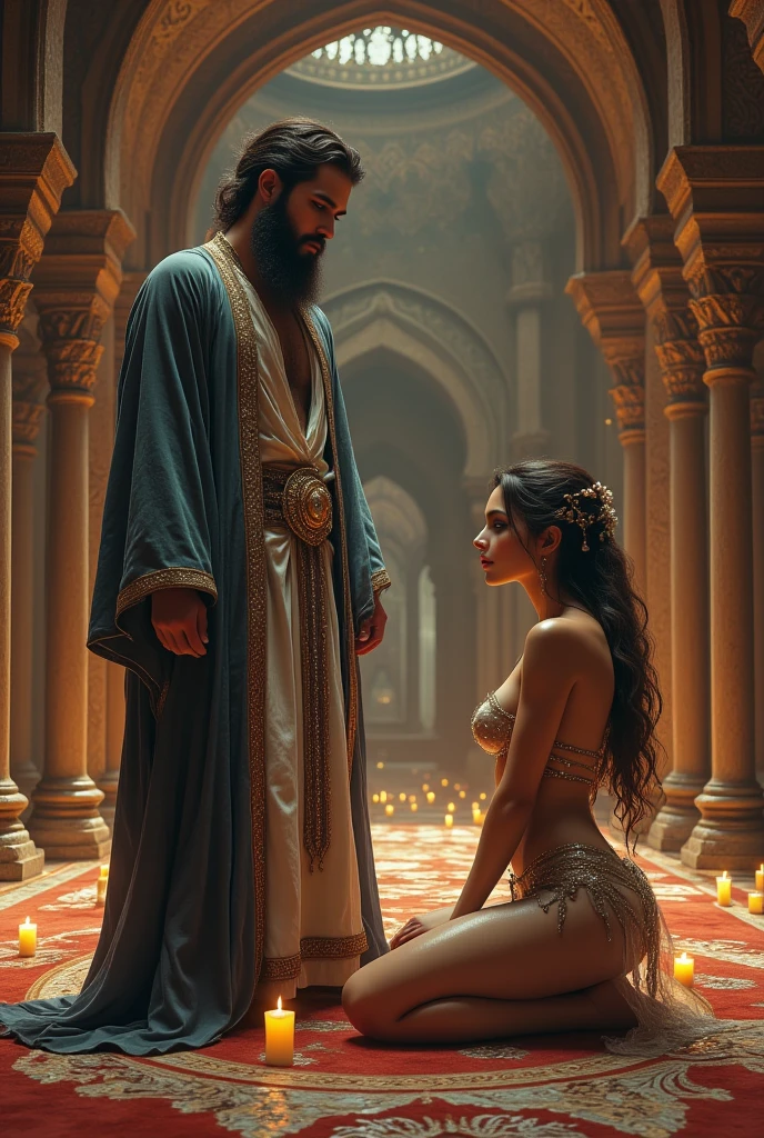 (caught:1.2), cheating \(relationship\), 1girl, (2boys:1.3), (multiple boys:1.2), (stripper:1.2), (dancer:1.1), (pole dancer:1.2), jasmine \(disney\), disney princess, (arabian clothes:1.2), black hair, blue pants, wide see-through pants, breasts, dark-skinned female, earrings, jewelry, (mature man around Jasmine:1.2), bearded adult men in Arabian robes, dark-clothed men, another young man caught Jasmine and he's screaming, fondles, the audience, indoors, (arabian architecture:1.2), Arabian palace hall, relaxation room, Arabian pillows, stone wall, (narrow windows:0.6), fantasy, horror \(theme\), master shot, cinematic, detailed character design, digital art, Resolution: 4k, best quality, masterpiece, high resolution, <lora:AddDetail:0.6>,<lora:jasmine_v0.2:0.77>, <lora:caught_cheating_v0.3d:0.85>