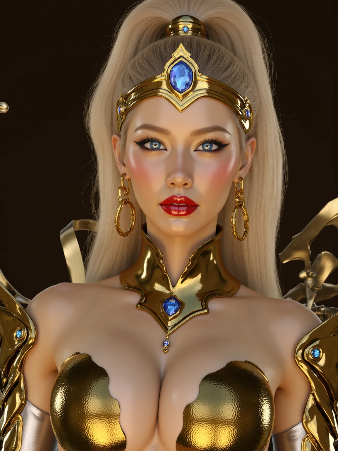 (8k, RAW photo, best quality, masterpiece:1.2), (realistic:1.3), (photorealistic:1.3), ultra-detailed, (high detailed skin:1.2), 8k uhd, dslr, soft lighting, high quality, film grain, Fujifilm XT3, best quality, beautiful lighting,detailed face
(woman as gold cyborg sitting in a throne:1.2),(gold_android:1.3),(body shape:1.3),heels, <lora:CrysisNanosuit:0.2>,detailed electronic part body, (body with gemstone incrustated :1.3),blonde hair,tiara with diamond,blue eyes,
(detailed wires and circuitboards, machine wired to body, wired connection, palace background:1.3),