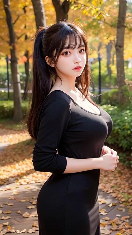 Top Quality, Masterpiece, Ultra High Resolution, (Photorealistic: 1.4), Raw Photo, 1 Girl, Darkness, Deep Shadows, Discreet, Cold Light, Face, Long Hair, Dark Hair, Purple Eyes, Necklace, Earrings, Lips Shining, Light Skin, Blush, On a Bench, Sitting, Full Body, Business Casual Clothing, Black Pantyhose Black and White Clothing, Asian