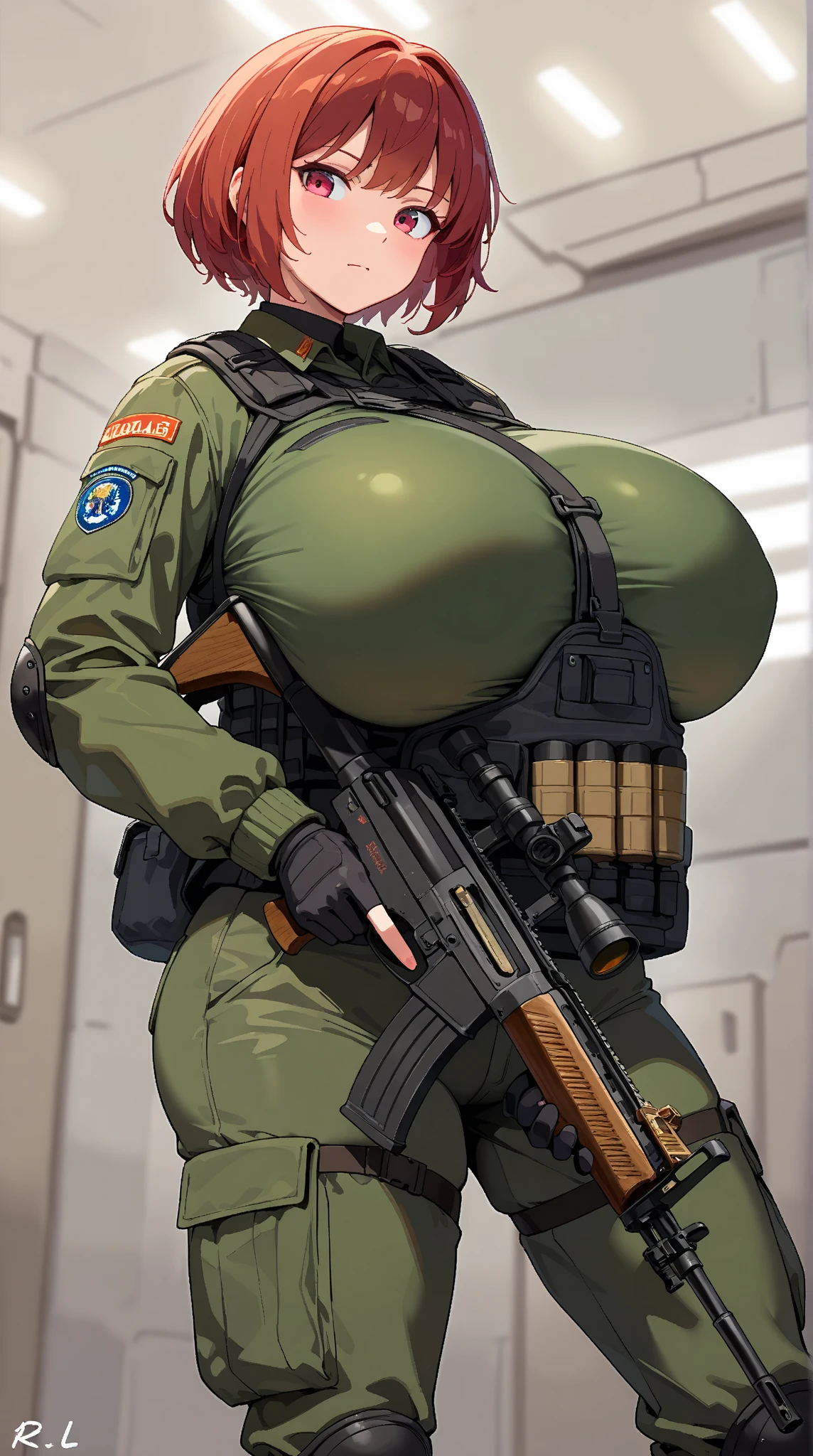 High resolution, Anime Style, Has a bazooka,Combat bikini girl,Beauty,Big Breasts,Wearing a gas mask,soldier,I can't see your face,Long hair,Silver Hair, Russian Beauty,After the collapse of the world,Submerged buildings,serious,Overcast sky